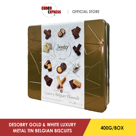 Desobry Finest Gold & White Belgian Cookies Metal Tin Gift Box (Product of Belgium)
