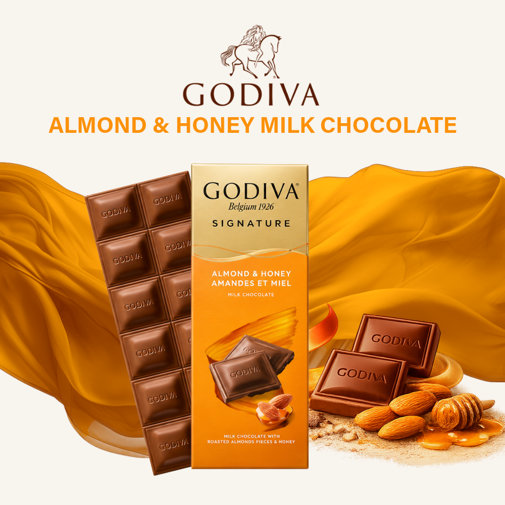 Godiva Signature Chocolate Bar | Almond & Honey Milk Chocolate | Halal | 90g