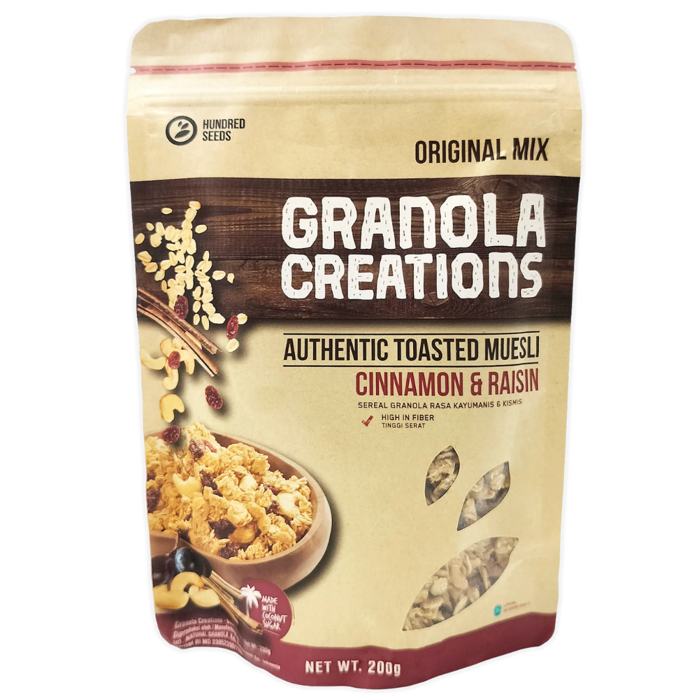 Granola Creations cinnamon and raisin muesli packaging on a white background