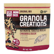 Package of 'On the Go! Mini Size' Granola Creations with cinnamon and raisin flavor on a beige background.