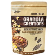 Packaging of Granola Creations Gourmet Blend with dark chocolate and banana flavor on a white background.