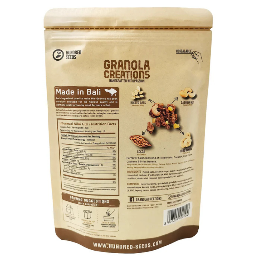 Granola Creations packaging with nutritional information and ingredients listed.