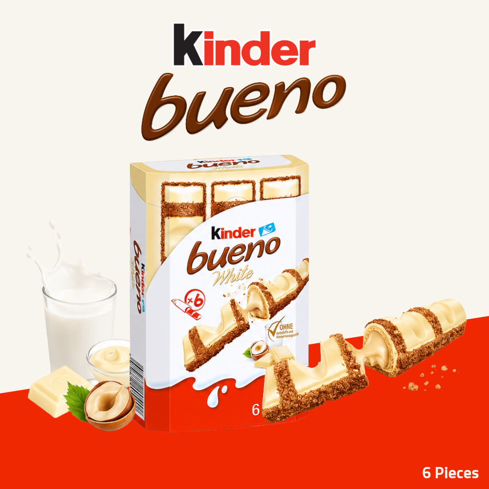 (Exp: 26.09.2026) Kinder Bueno | Crispy Wafer with Hazelnut Cream | White Chocolate | 6 Pieces
