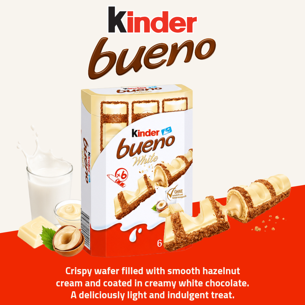 (Exp: 26.09.2026) Kinder Bueno | Crispy Wafer with Hazelnut Cream | White Chocolate | 6 Pieces