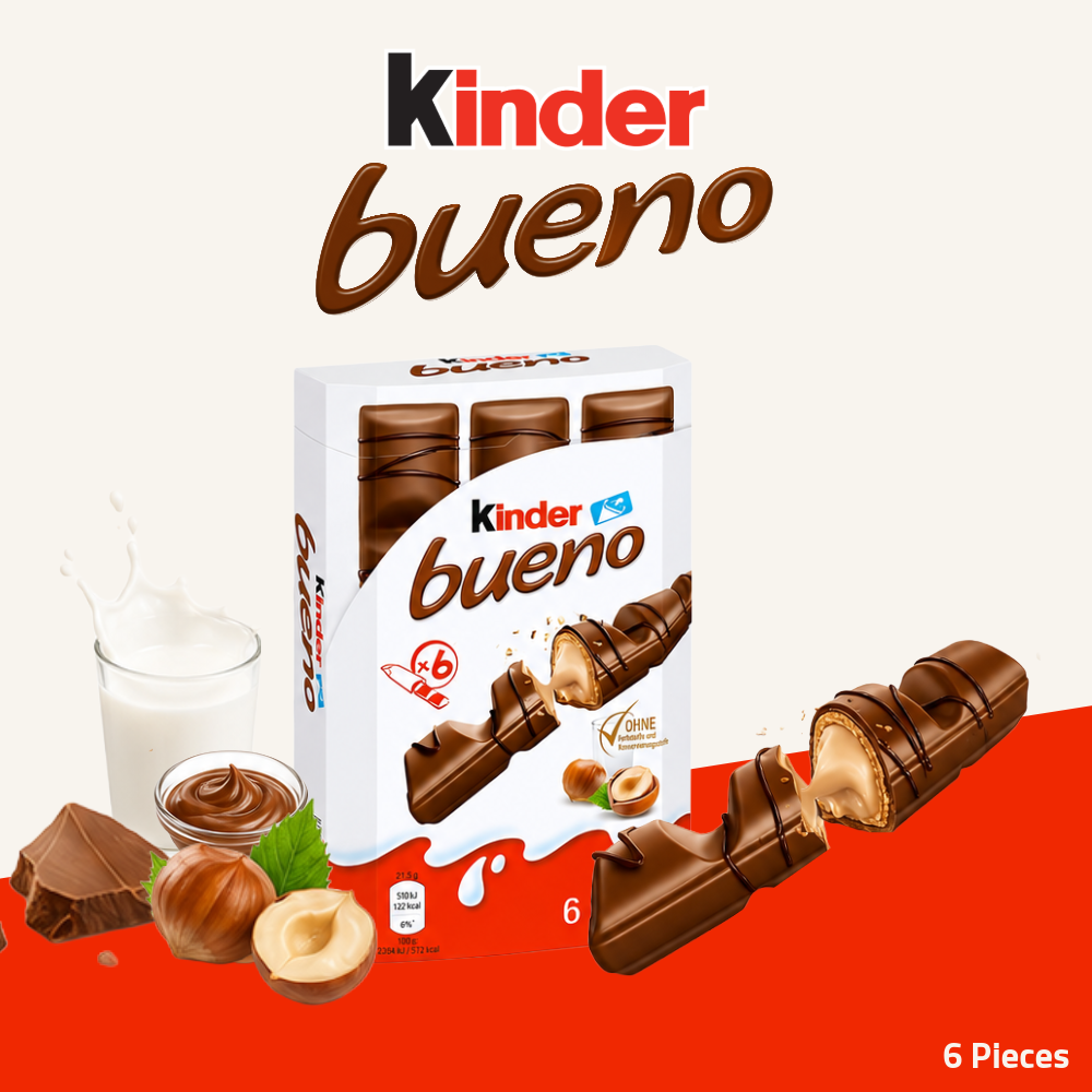 (Exp: 16.10.2026) Kinder Bueno | Crispy Wafer with Hazelnut Cream | Milk Chocolate | 6 Pieces