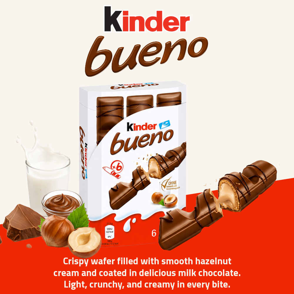 (Exp: 16.10.2026) Kinder Bueno | Crispy Wafer with Hazelnut Cream | Milk Chocolate | 6 Pieces