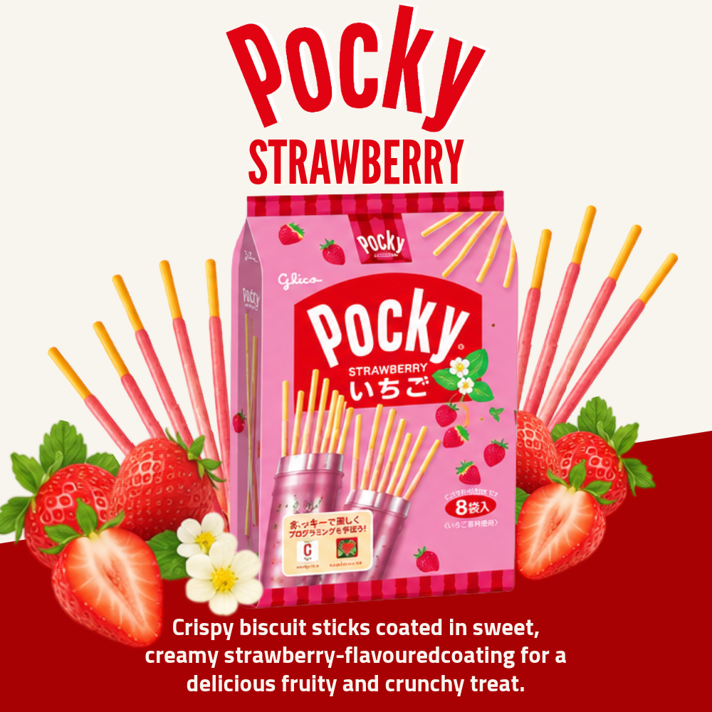 Glico Pocky Biscuit Sticks | Strawberry Flavour | 8 Packs