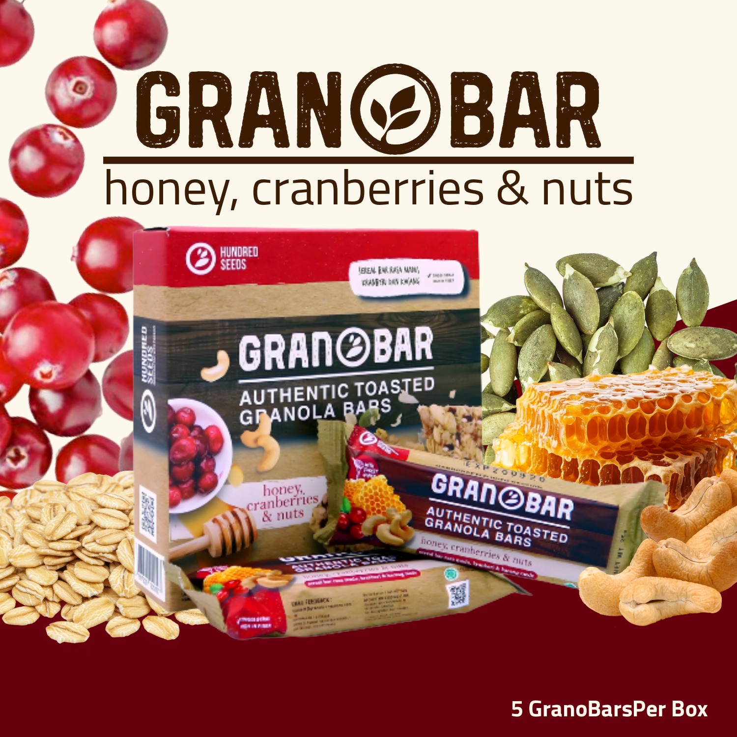 Hundred Seeds Granobar - Honey, Cranberries, & Nuts 225g (5pcs)