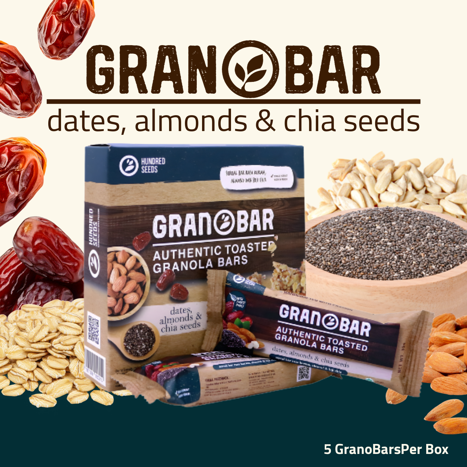 Hundred Seeds Granobar - Dates, Almonds, & Chia Seeds 225g (5pcs)