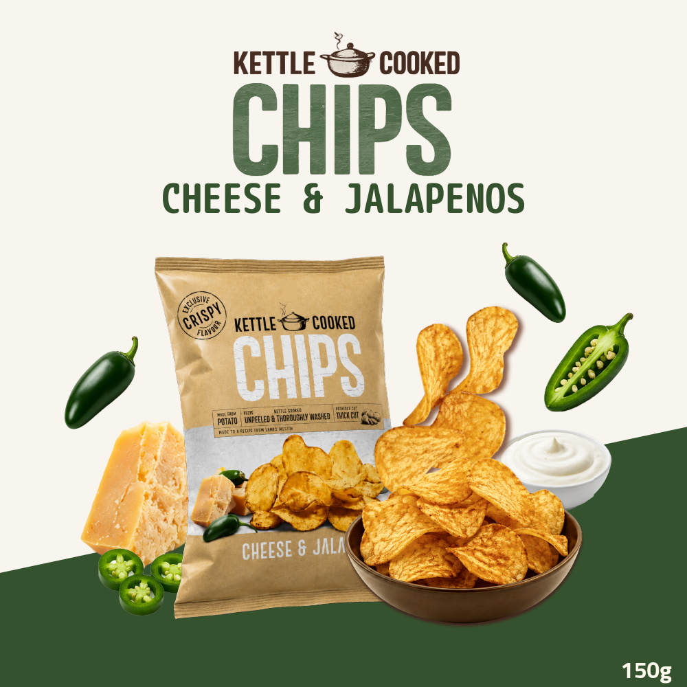 Kettle Cooked Potato Chips | Thick-Cut Crispy Potato Chips | Cheese & Jalapenos | 150g