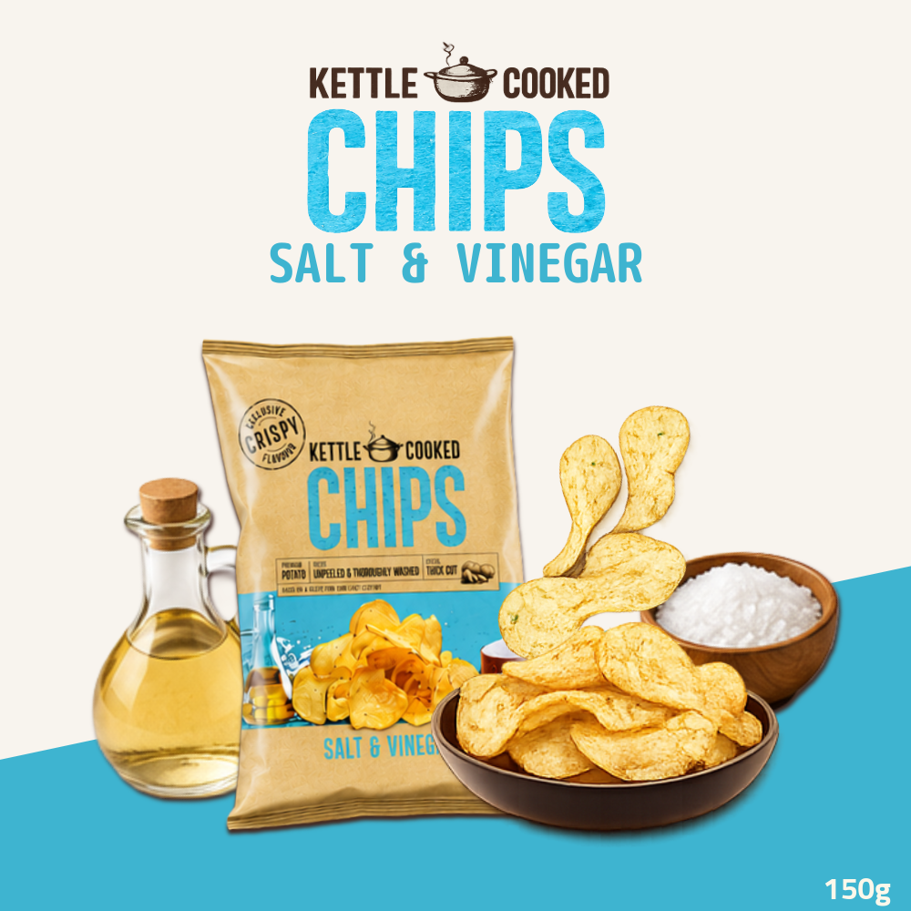 Kettle Cooked Potato Chips | Thick-Cut Crispy Potato Chips | Salt & Vinegar | 150g