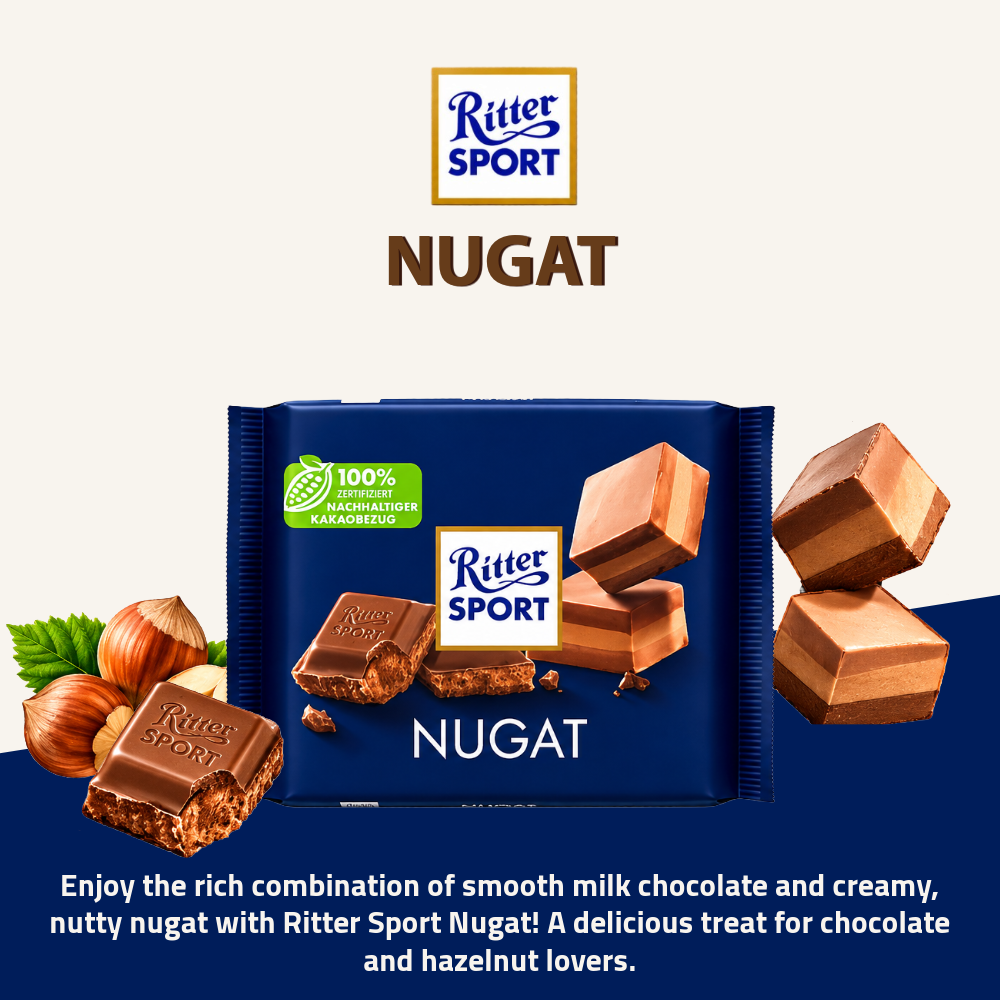 [Pre-Order] Ritter Sport Nugat Chocolate | Milk Chocolate with Smooth Hazelnut Filling | 100g