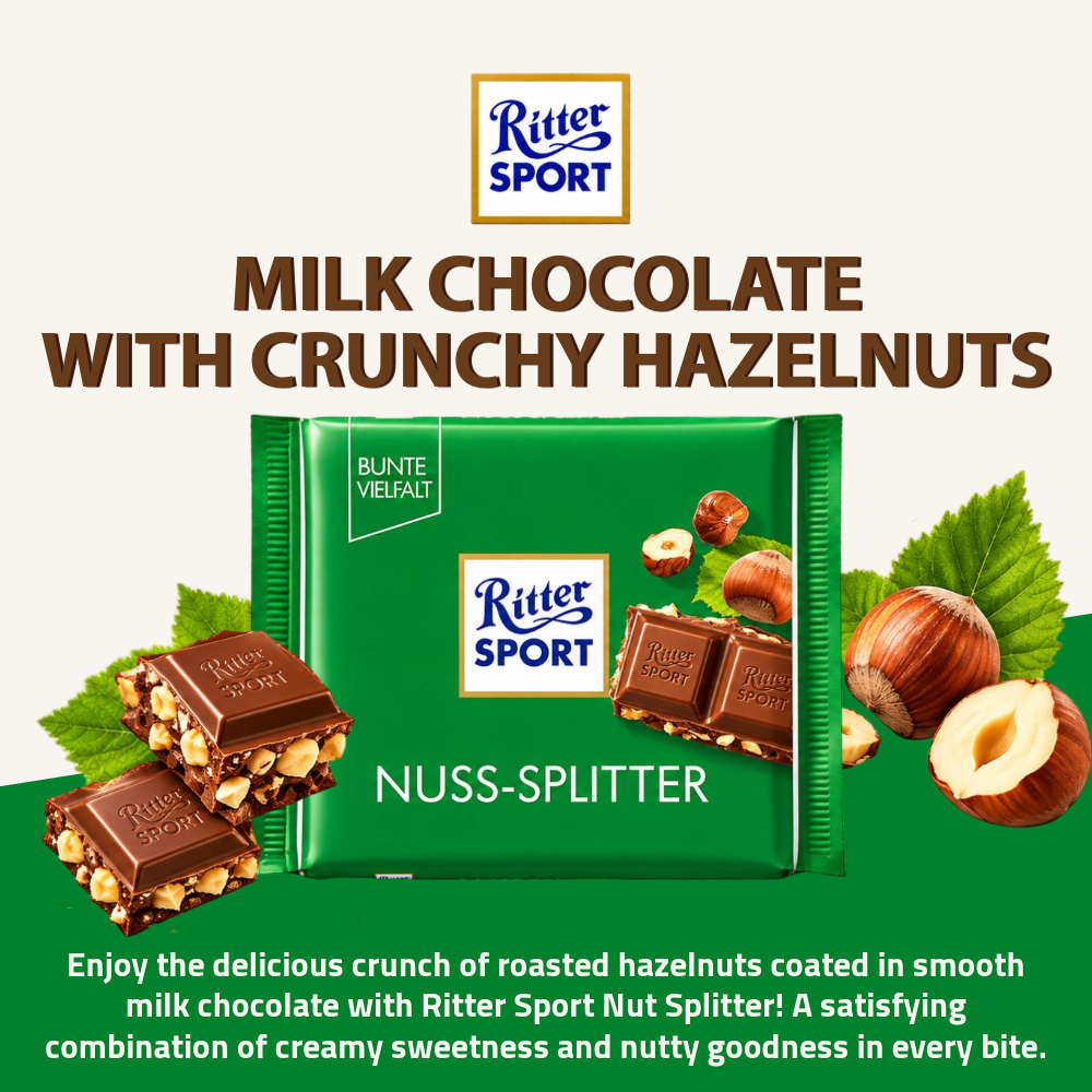 [Pre-Order] Ritter Sport Nut Splitter Chocolate | Milk Chocolate with Crunchy Hazelnuts | 100g