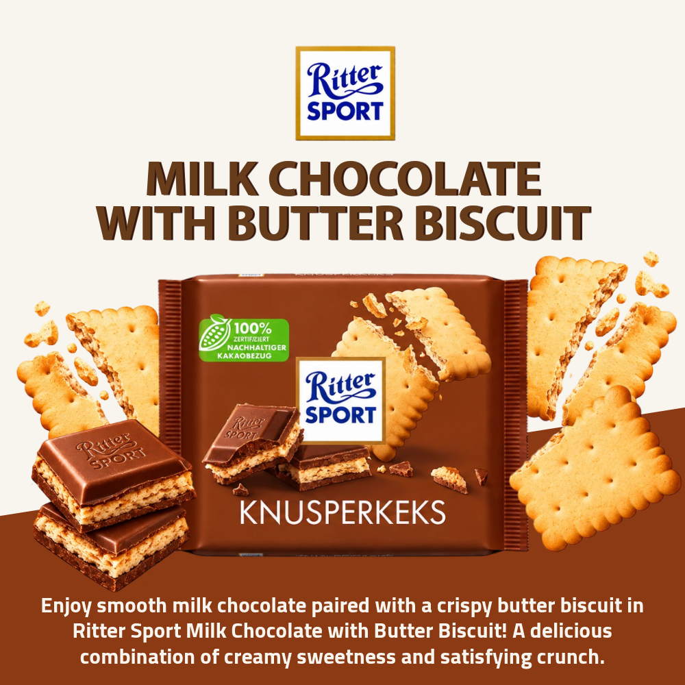 [Pre-Order] Ritter Sport Milk Chocolate with Butter Biscuit | Crispy Biscuit & Milk Chocolate | 100g