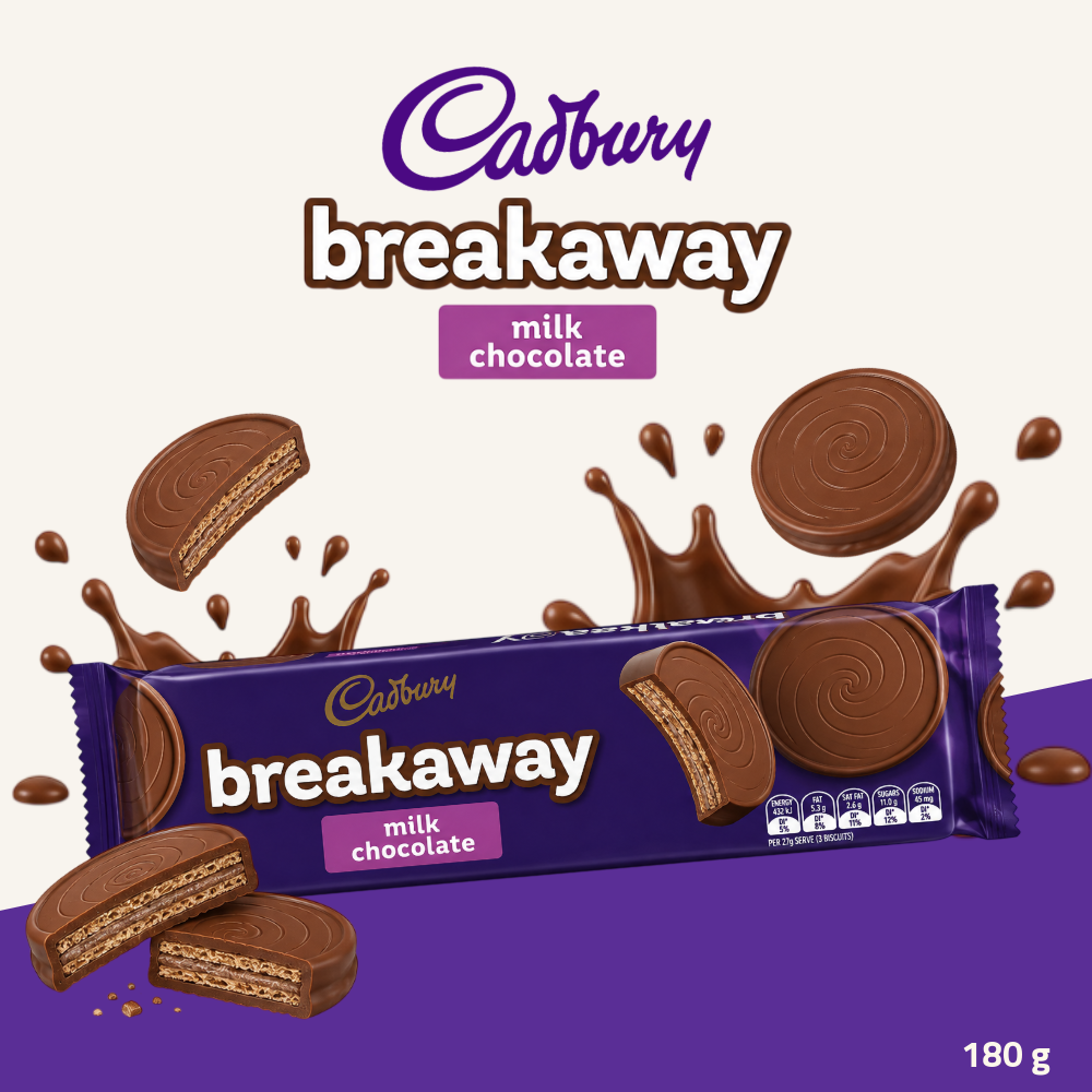Cadbury Breakaway Milk Chocolate Biscuits | Chocolate-Coated Wafer Biscuits | 180g