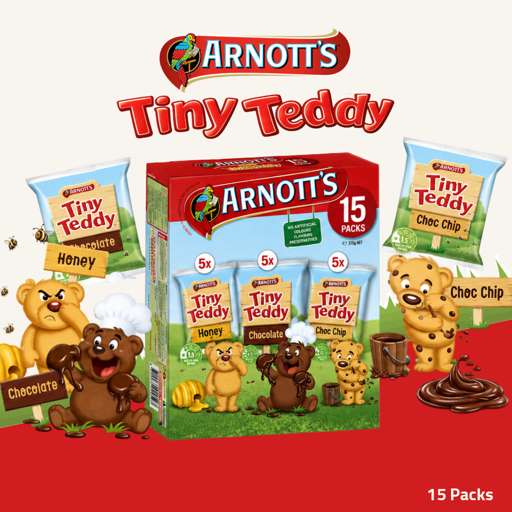 Arnott's Tiny Teddy | Assorted Mini Biscuits | Honey, Chocolate & Chocolate Chip | 15 Packs