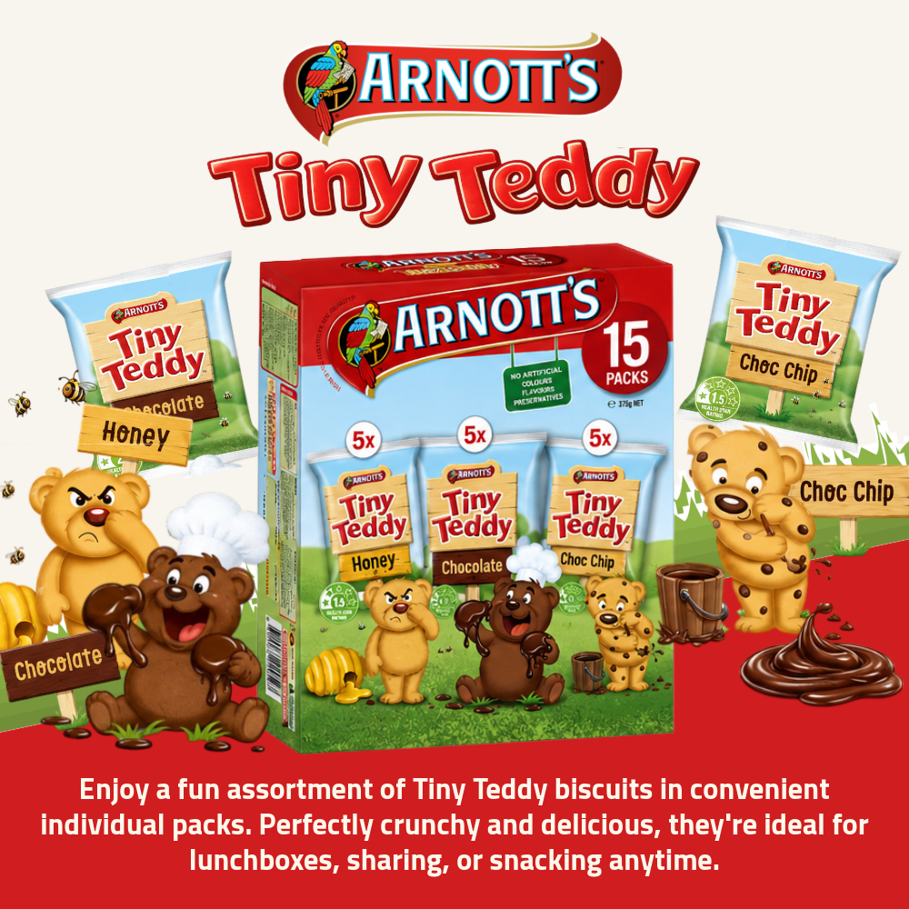 Arnott's Tiny Teddy | Assorted Mini Biscuits | Honey, Chocolate & Chocolate Chip | 15 Packs