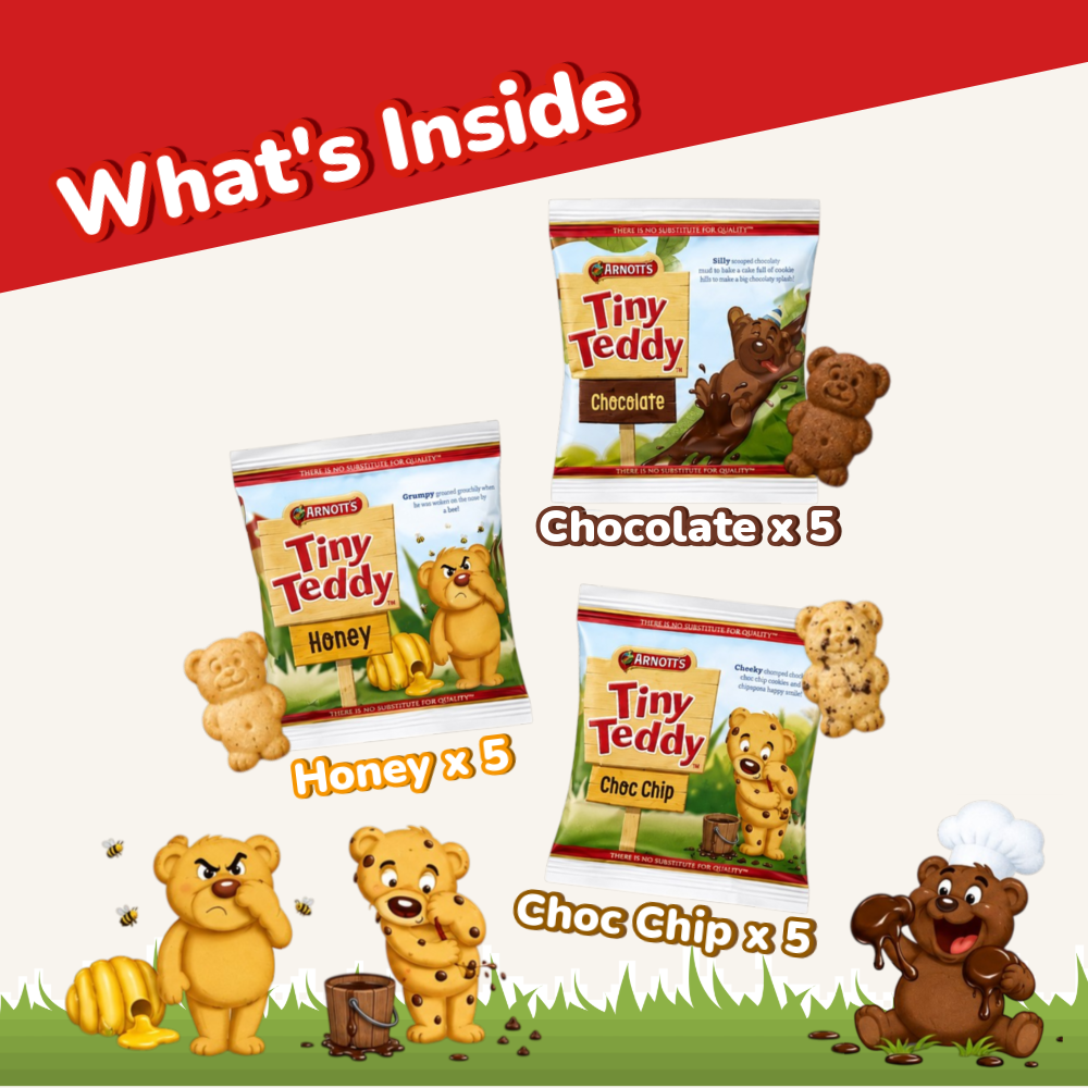 Arnott's Tiny Teddy | Assorted Mini Biscuits | Honey, Chocolate & Chocolate Chip | 15 Packs