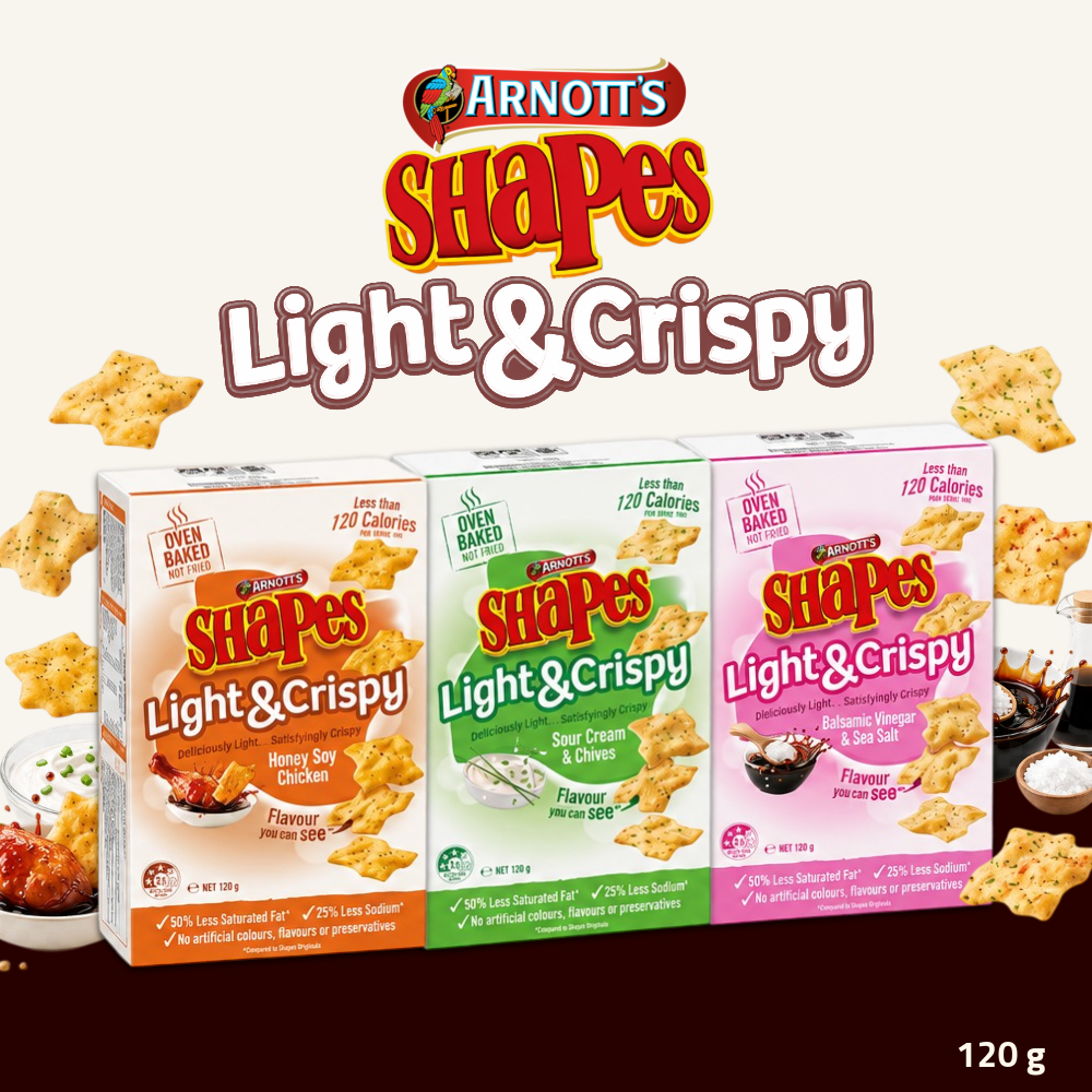 Arnott's Shapes Light & Crispy Chips | Honey Soy Chicken, Sour Cream & Chives & Balsamic Vinegar & Sea Salt | 120g