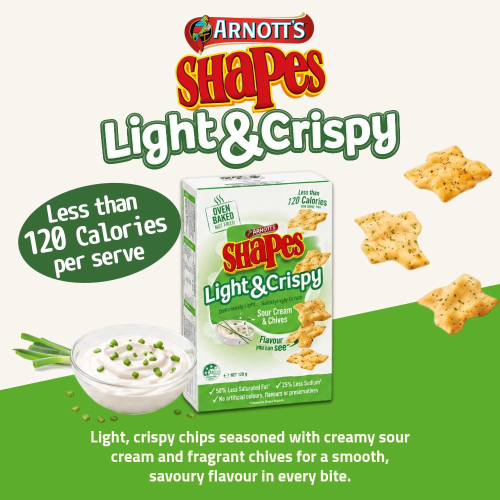 Arnott's Shapes Light & Crispy Chips | Honey Soy Chicken, Sour Cream & Chives & Balsamic Vinegar & Sea Salt | 120g