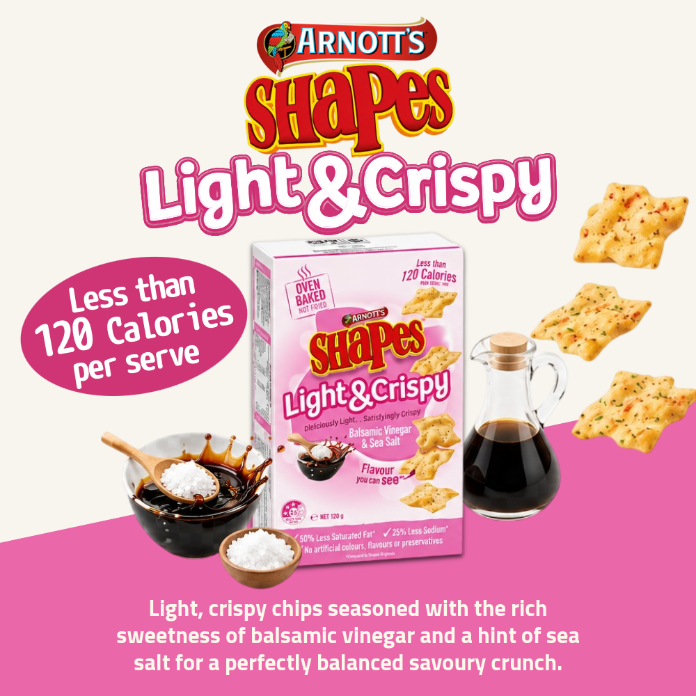 Arnott's Shapes Light & Crispy Chips | Honey Soy Chicken, Sour Cream & Chives & Balsamic Vinegar & Sea Salt | 120g
