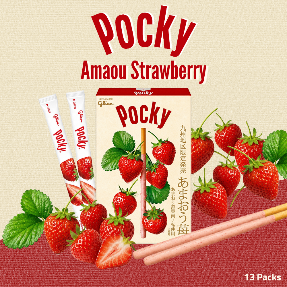 Glico Giant Pocky Amaou Strawberry | Strawberry-Coated Biscuit Sticks | 13 Packs