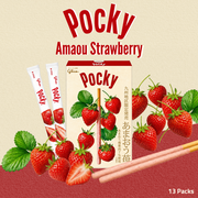 Glico Giant Pocky Amaou Strawberry | Strawberry-Coated Biscuit Sticks | 13 Packs