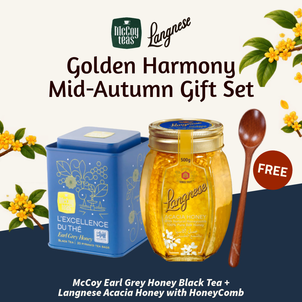 Golden Harmony Mid Autumn Gift Set | McCoy Earl Grey Honey Black Tea 20 Tea Bags + Langnese Acacia Honey with HoneyComb 500g + FREE Wooden Spoon