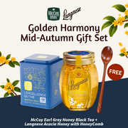 Golden Harmony Mid Autumn Gift Set | McCoy Earl Grey Honey Black Tea 20 Tea Bags + Langnese Acacia Honey with HoneyComb 500g + FREE Wooden Spoon
