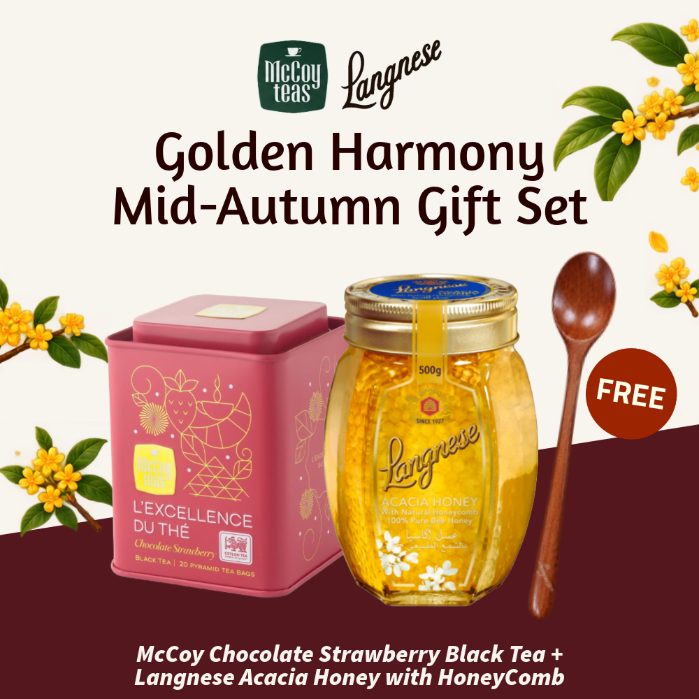 Golden Harmony Mid Autumn Gift Set | McCoy Chocolate Strawberry Black Tea 20 Tea Bags + Langnese Acacia Honey with HoneyComb 500g + FREE Wooden Spoon