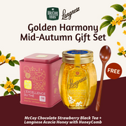 Golden Harmony Mid Autumn Gift Set | McCoy Chocolate Strawberry Black Tea 20 Tea Bags + Langnese Acacia Honey with HoneyComb 500g + FREE Wooden Spoon