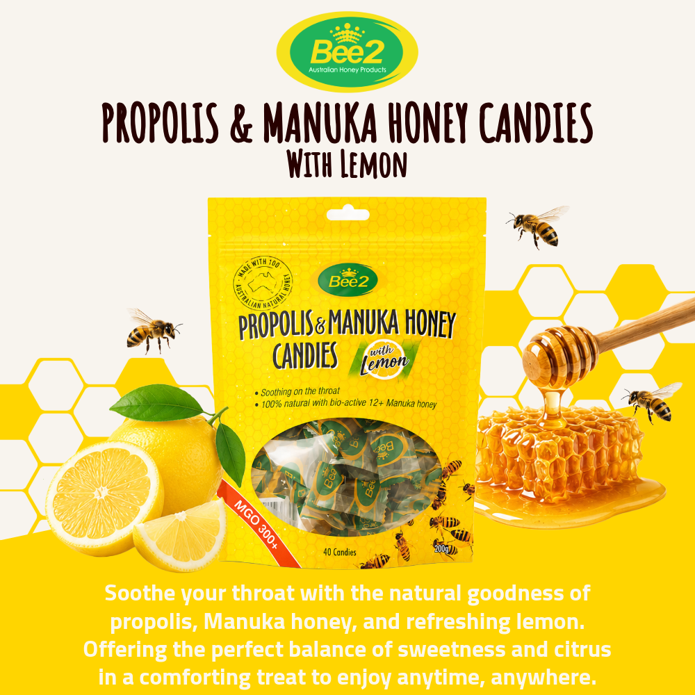 Bee2 Honey Candies | Propolis & Manuka Honey with Lemon | 40 Candies