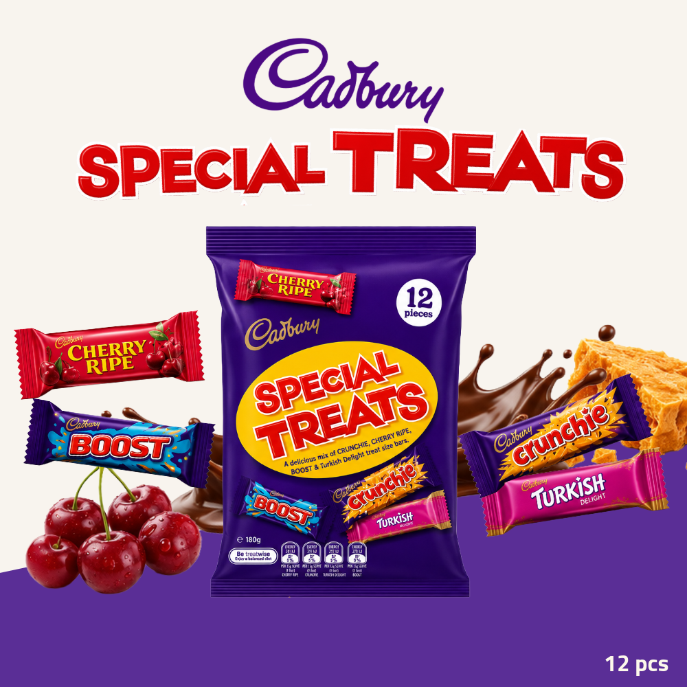 Cadbury Special Treats | Assorted Chocolate Bars | Crunchie, Cherry Ripe, Boost & Turkish Delight | 12 Pcs