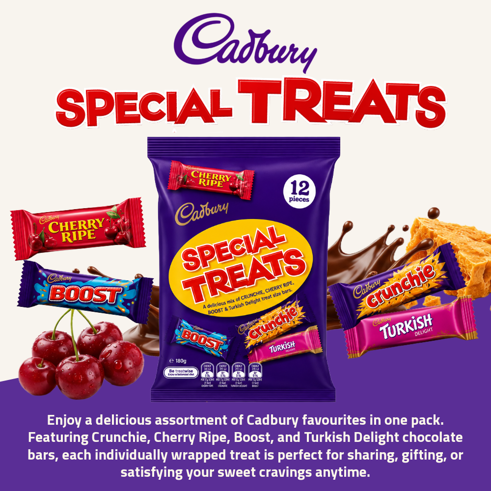 Cadbury Special Treats | Assorted Chocolate Bars | Crunchie, Cherry Ripe, Boost & Turkish Delight | 12 Pcs