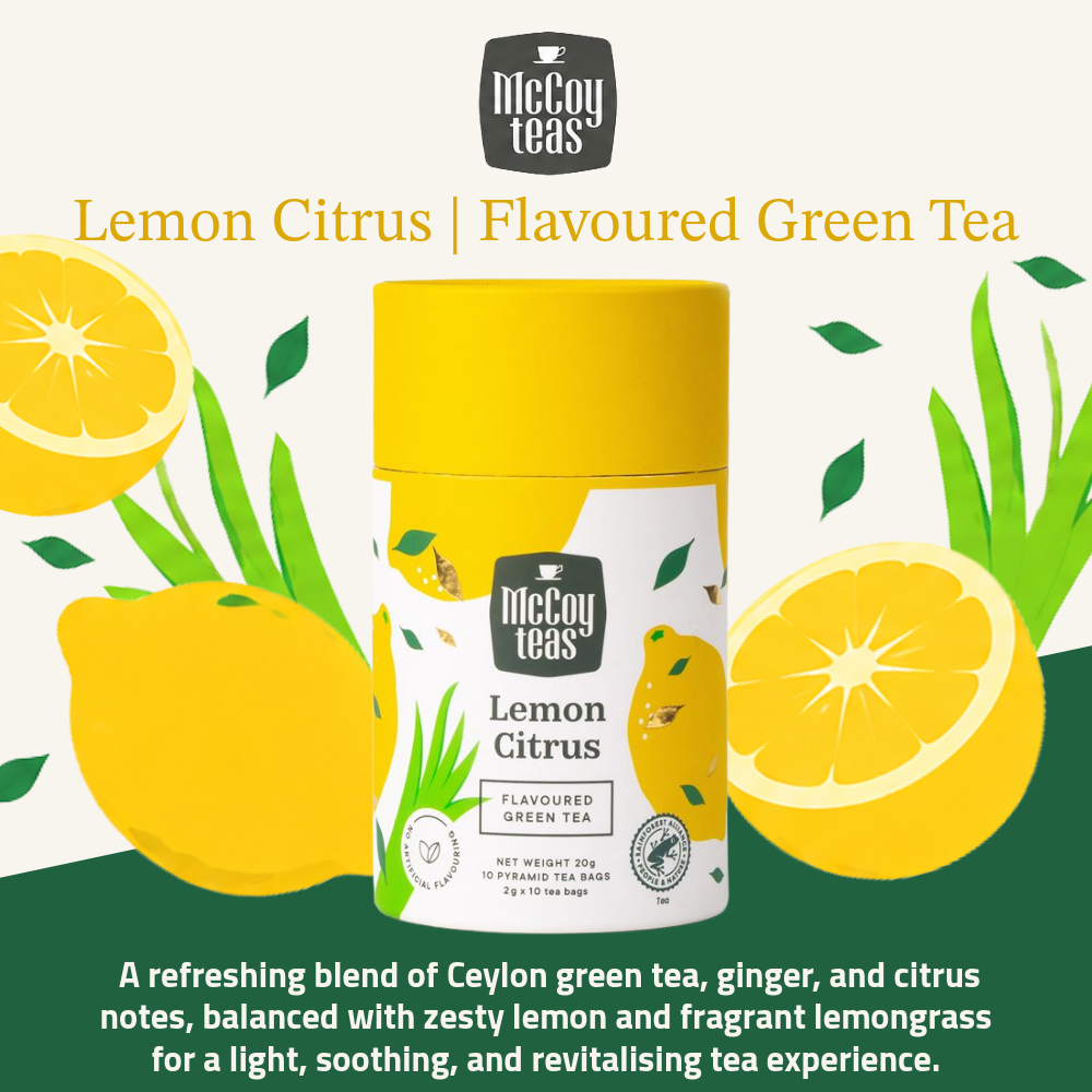 McCoy Teas Premium Tea Collection | Lemon Citrus Flavoured Green Tea | 2g x 10 Pyramid Tea Bags
