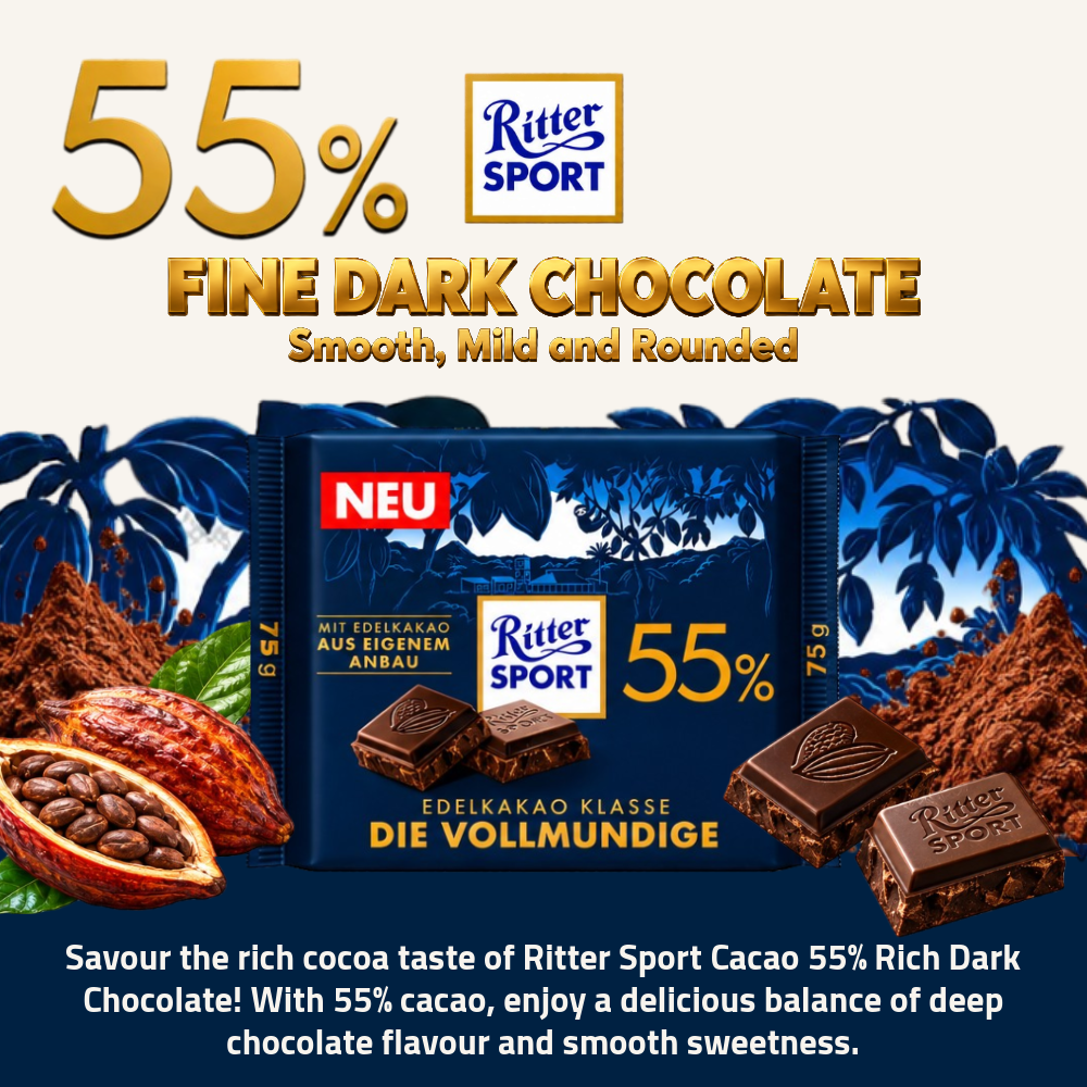 [Pre-Order] Ritter Sport Cacao 55% Rich Dark Chocolate | 55% Cacao | 75g