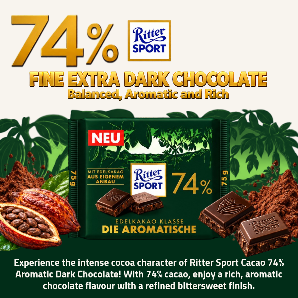 [Pre-Order] Ritter Sport Cacao 74% Aromatic Dark Chocolate | 74% Cacao | 75g
