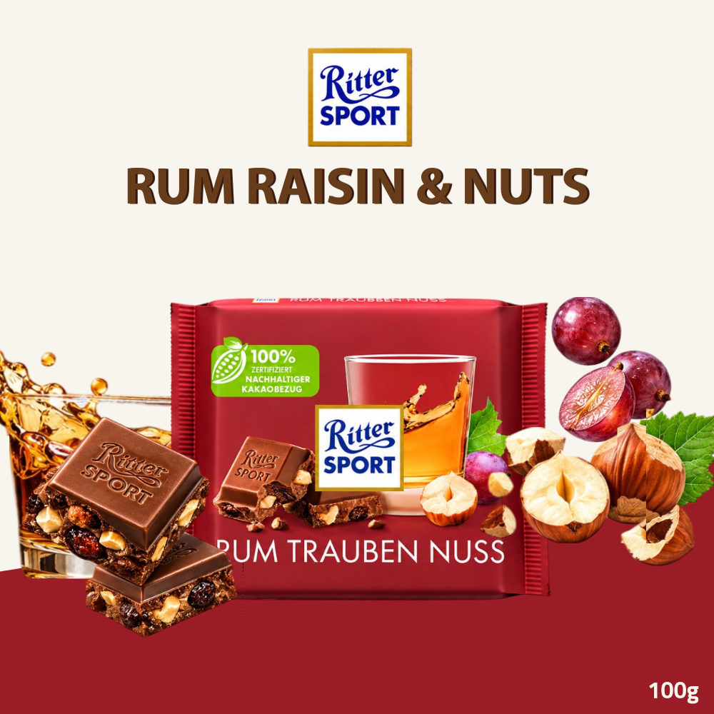 Ritter Sport Rum Raisins & Nuts Chocolate | Milk Chocolate with Rum Raisins & Hazelnuts | 100g