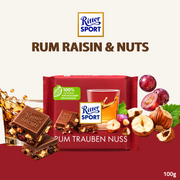 Ritter Sport Rum Raisins & Nuts Chocolate | Milk Chocolate with Rum Raisins & Hazelnuts | 100g
