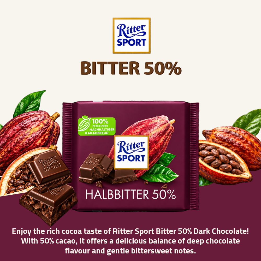 [Pre-Order] Ritter Sport Bitter 50% Dark Chocolate | 50% Cacao | 100g