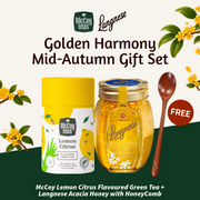 Golden Harmony Mid Autumn Gift Set | McCoy Lemon Citrus Flavoured Green Tea 10 Tea Bags + Langnese Acacia Honey with HoneyComb 500g + FREE Wooden Spoon