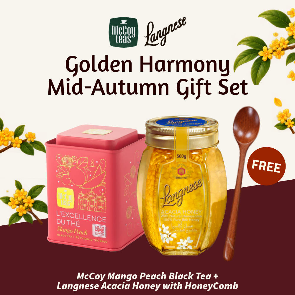 Golden Harmony Mid Autumn Gift Set | McCoy Mango Peach Black Tea 20 Tea Bags + Langnese Acacia Honey with HoneyComb 500g + FREE Wooden Spoon