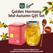 Golden Harmony Mid Autumn Gift Set | McCoy Mango Peach Black Tea 20 Tea Bags + Langnese Acacia Honey with HoneyComb 500g + FREE Wooden Spoon