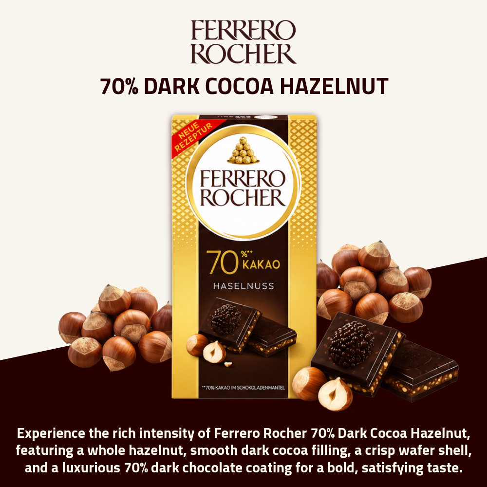 Ferrero Rocher Chocolate Tablet | 70% Dark Cacao with Hazelnut | 90g
