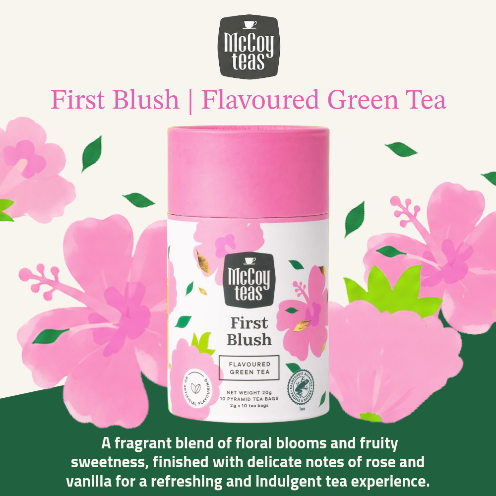 McCoy Teas Premium Tea Collection | First Blush Flavoured Green Tea | 2g x 10 Pyramid Tea Bags