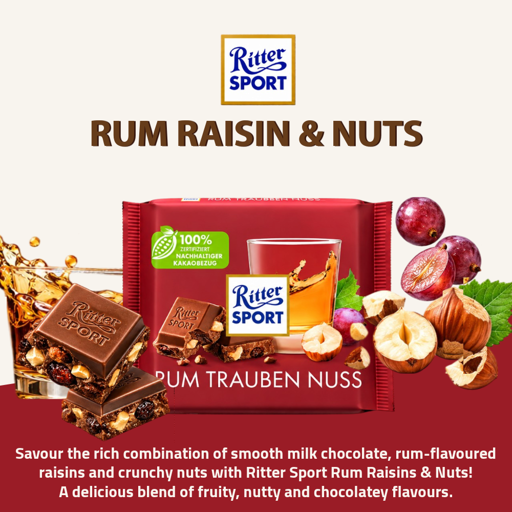 Ritter Sport Rum Raisins & Nuts Chocolate | Milk Chocolate with Rum Raisins & Hazelnuts | 100g