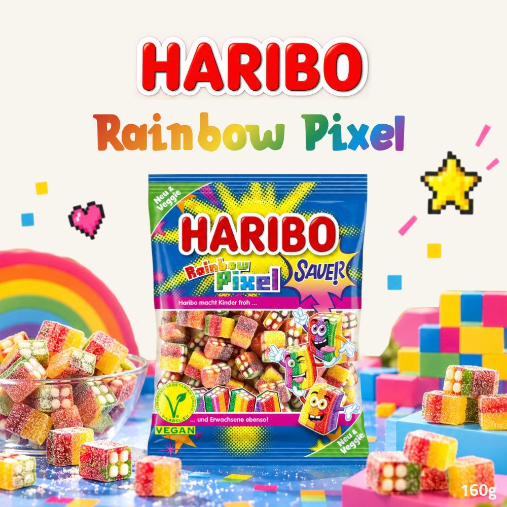 Haribo Rainbow Pixel Veggie Sour Fruit Gummies | Colourful Sweet & Sour Vegan Candy | 160g