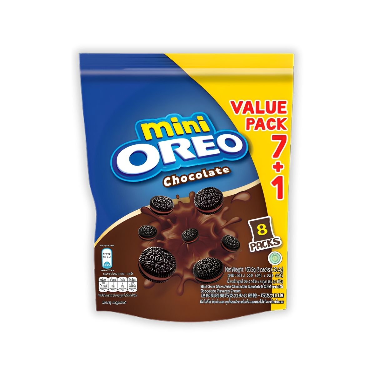 Packaging of mini Oreo chocolate cookies with blue and yellow design on a white background