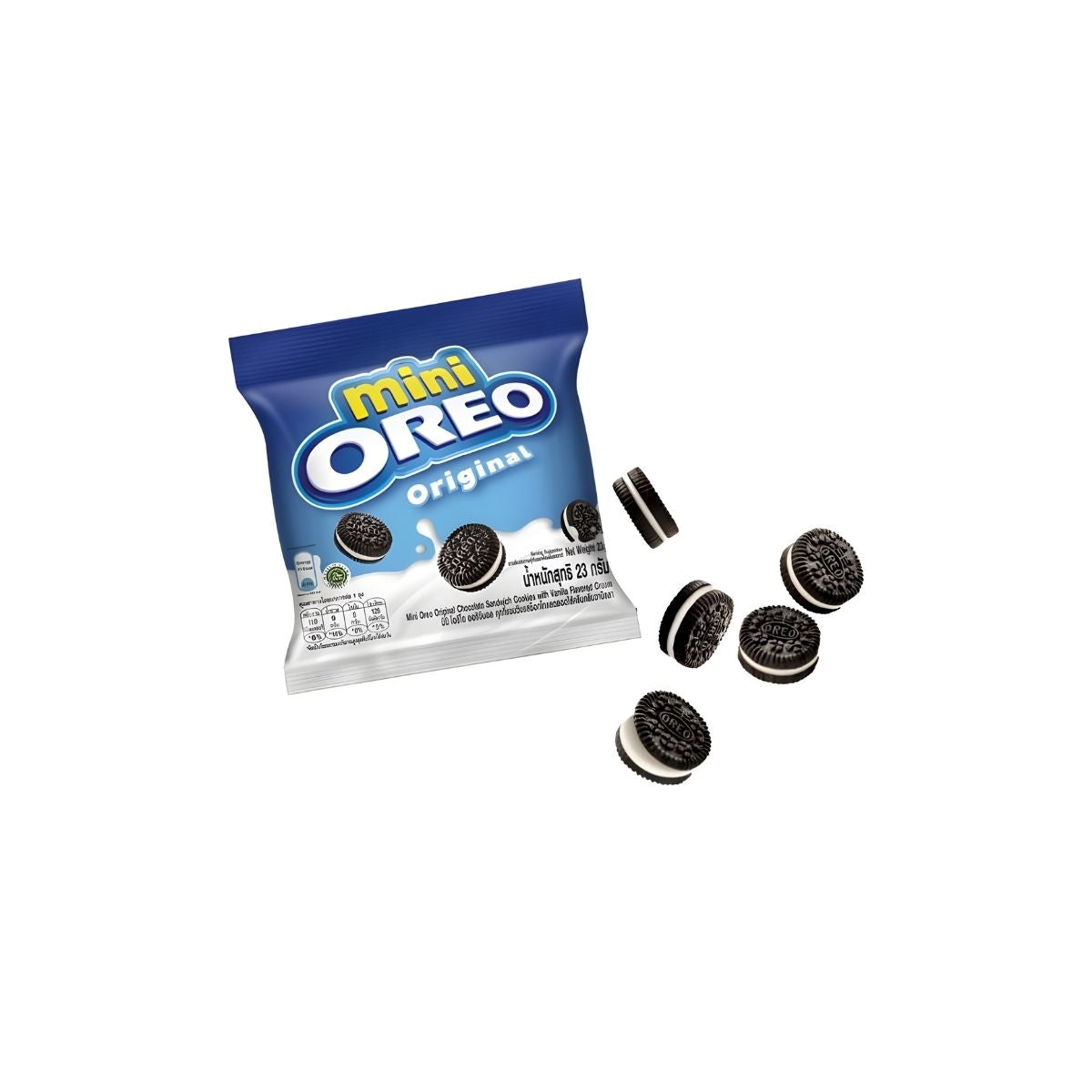 Mini Oreo cookies packaging with cookies on a white background
