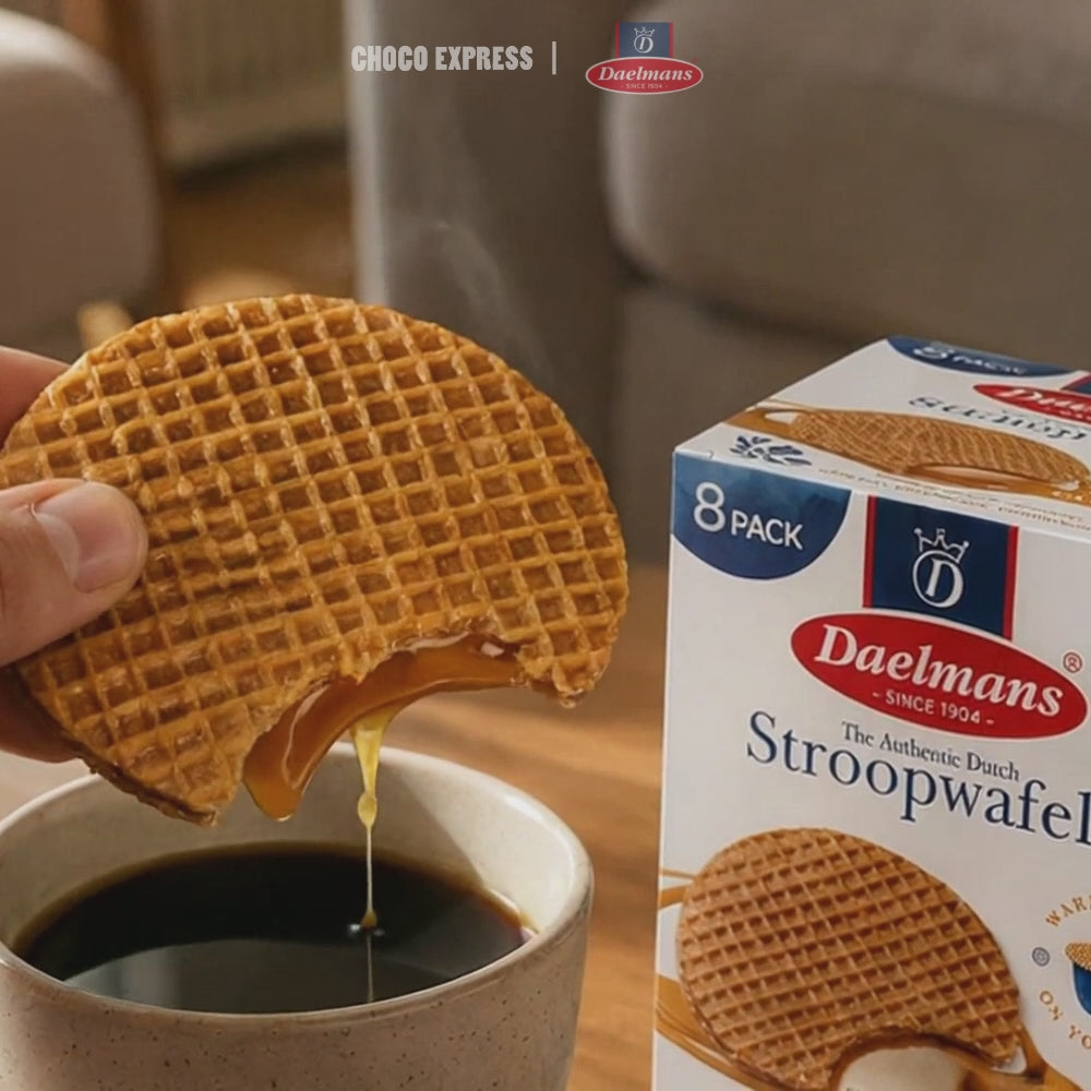 Load video: Daelmans Stroopwafels | Authentic Dutch Waffles with Caramel, Chocolate &amp; Honey Fillings
